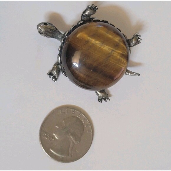 Vintage Shimmering Tigers Eye Stone Turtle Tortoise Brooch Pin - Picture 7 of 7